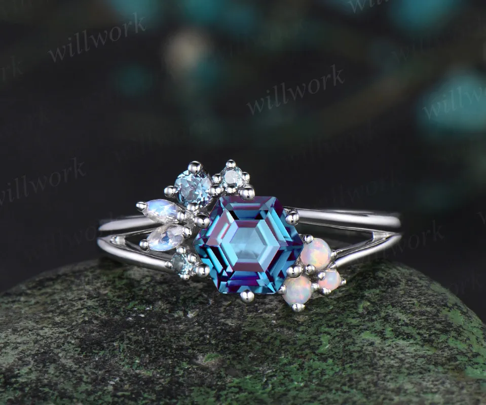Hexagon Cut Alexandrite ring white gold cluster split shank unique Engagement Ring moonstone opal wedding ring women sold by Willwork Jewelry