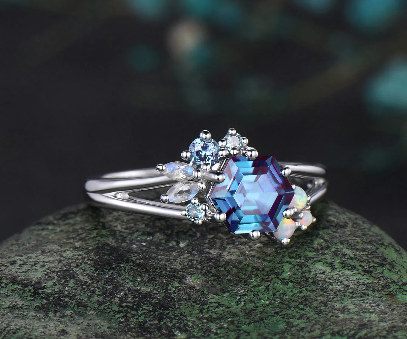 Hexagon Cut Alexandrite ring white gold cluster split shank unique Engagement Ring moonstone opal wedding ring women sold by Willwork Jewelry product image thumbnail 3
