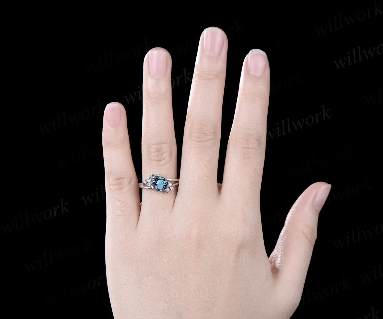 Hexagon Cut Alexandrite ring white gold cluster split shank unique Engagement Ring moonstone opal wedding ring women sold by Willwork Jewelry product image thumbnail 2