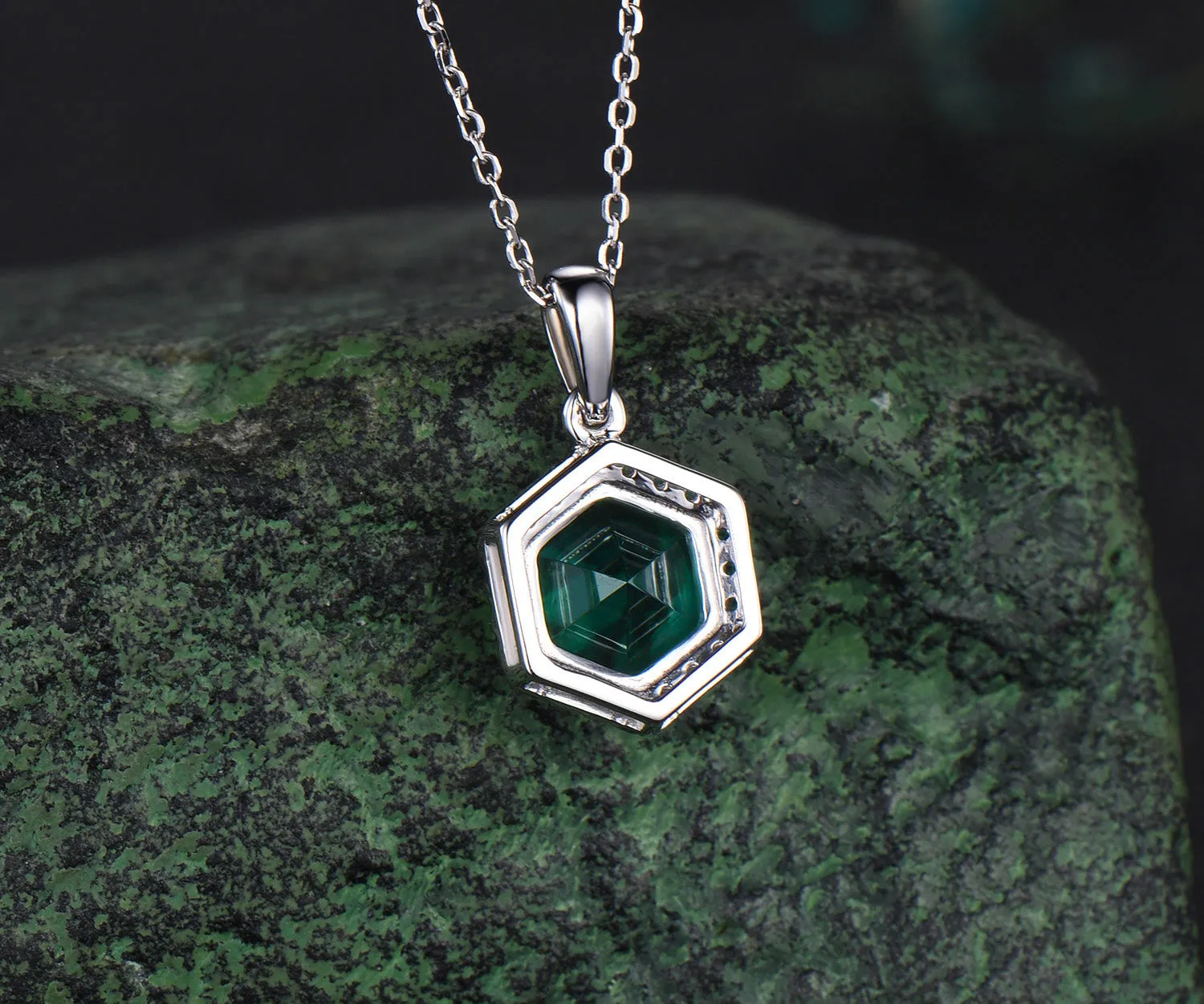 Hexagon cut emerald necklace 14k white gold halo unique pendant green gemstone dainty anniversary gift for women sold by Willwork Jewelry product image thumbnail 4