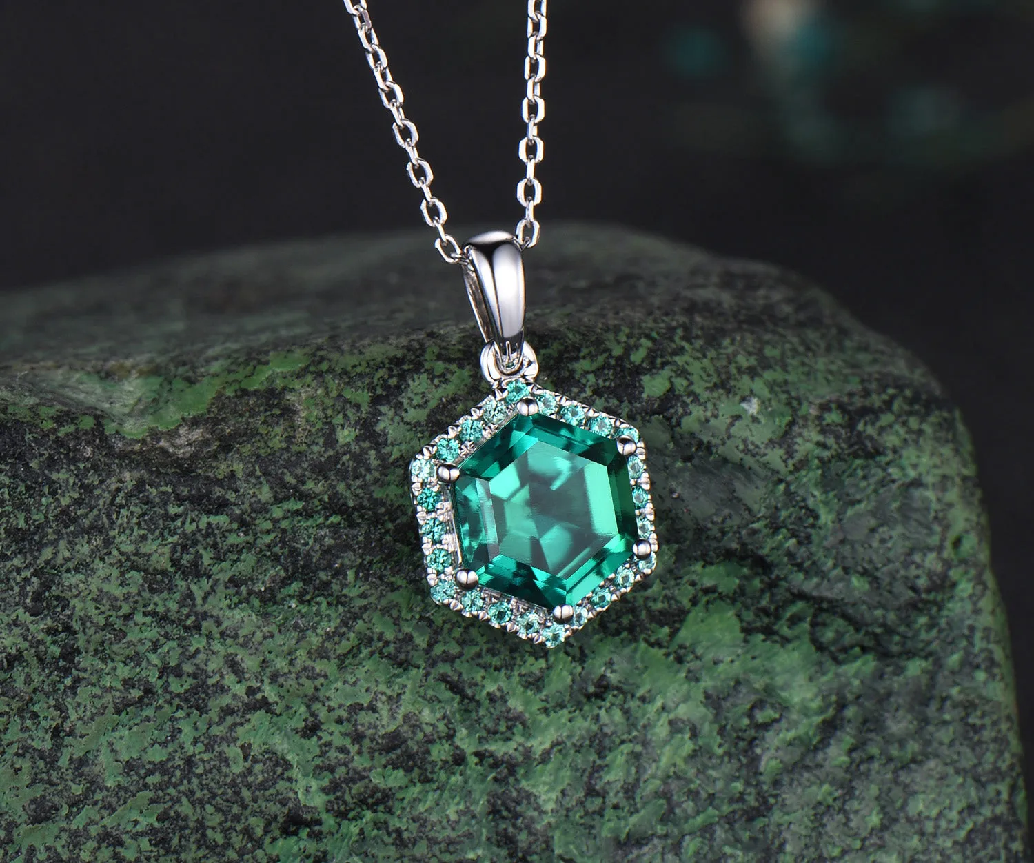 Hexagon cut emerald necklace 14k white gold halo unique pendant green gemstone dainty anniversary gift for women sold by Willwork Jewelry product image thumbnail 3
