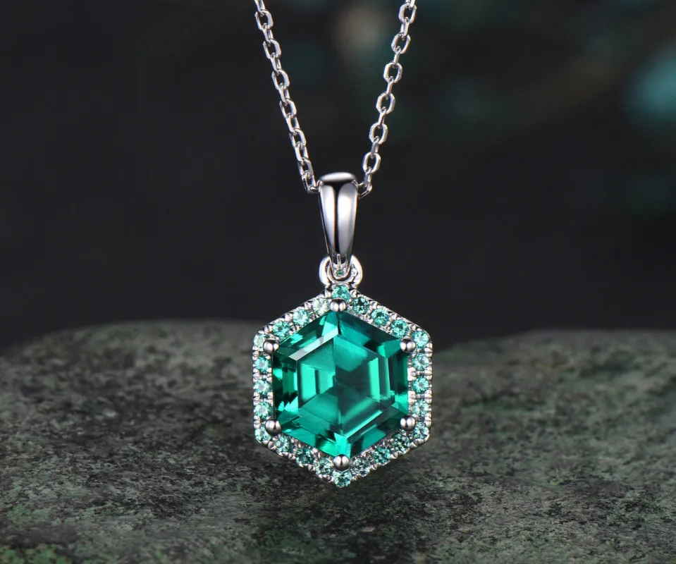 Hexagon cut emerald necklace 14k white gold halo unique pendant green gemstone dainty anniversary gift for women sold by Willwork Jewelry