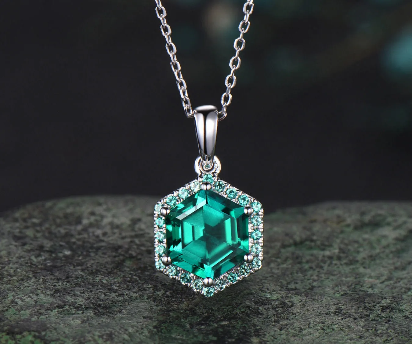 Hexagon cut emerald necklace 14k white gold halo unique pendant green gemstone dainty anniversary gift for women sold by Willwork Jewelry