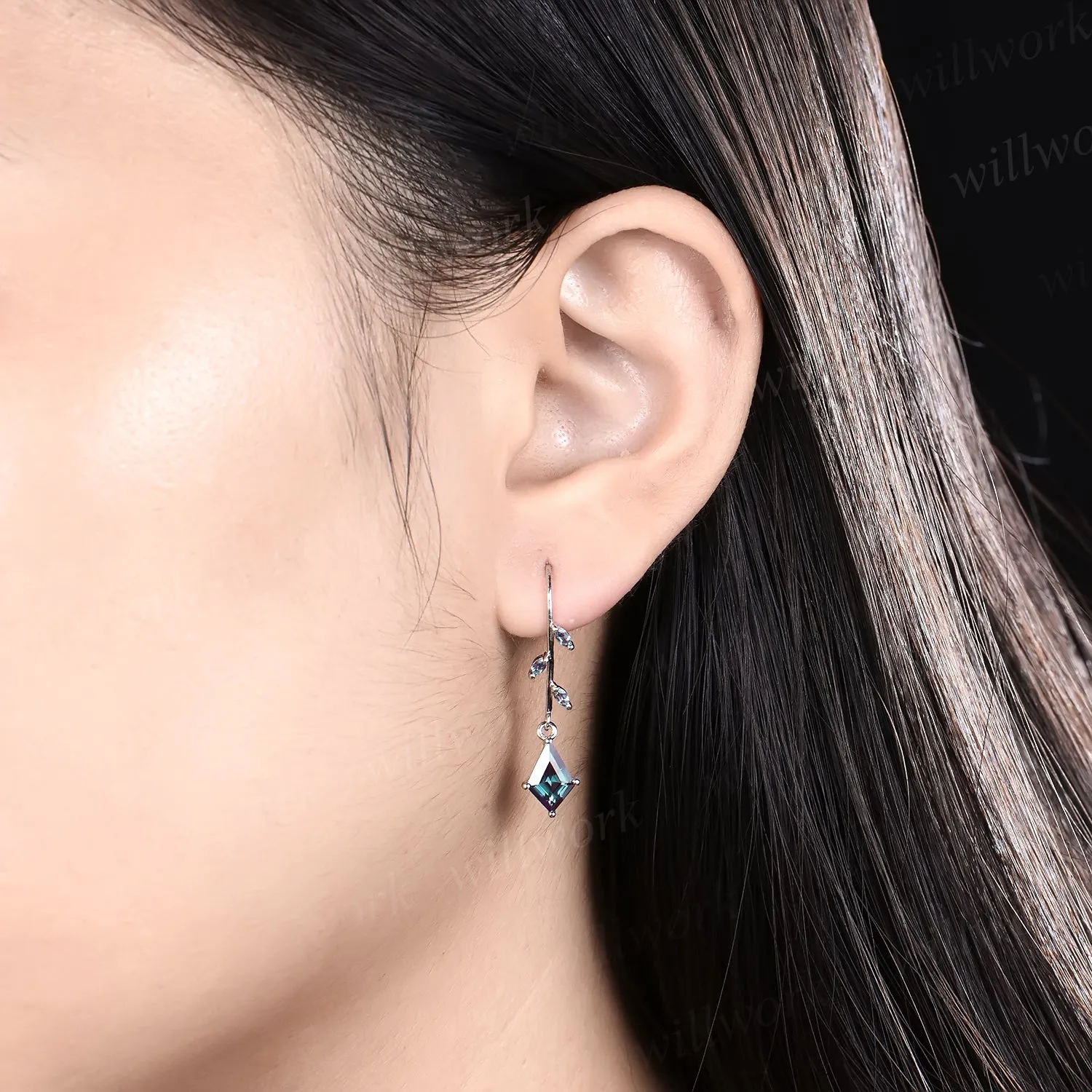 Kite Cut Alexandrite Drop Earrings whtie gold leaf marquise cut Alexandrite Dangle Earrings women sold by Willwork Jewelry product image thumbnail 3