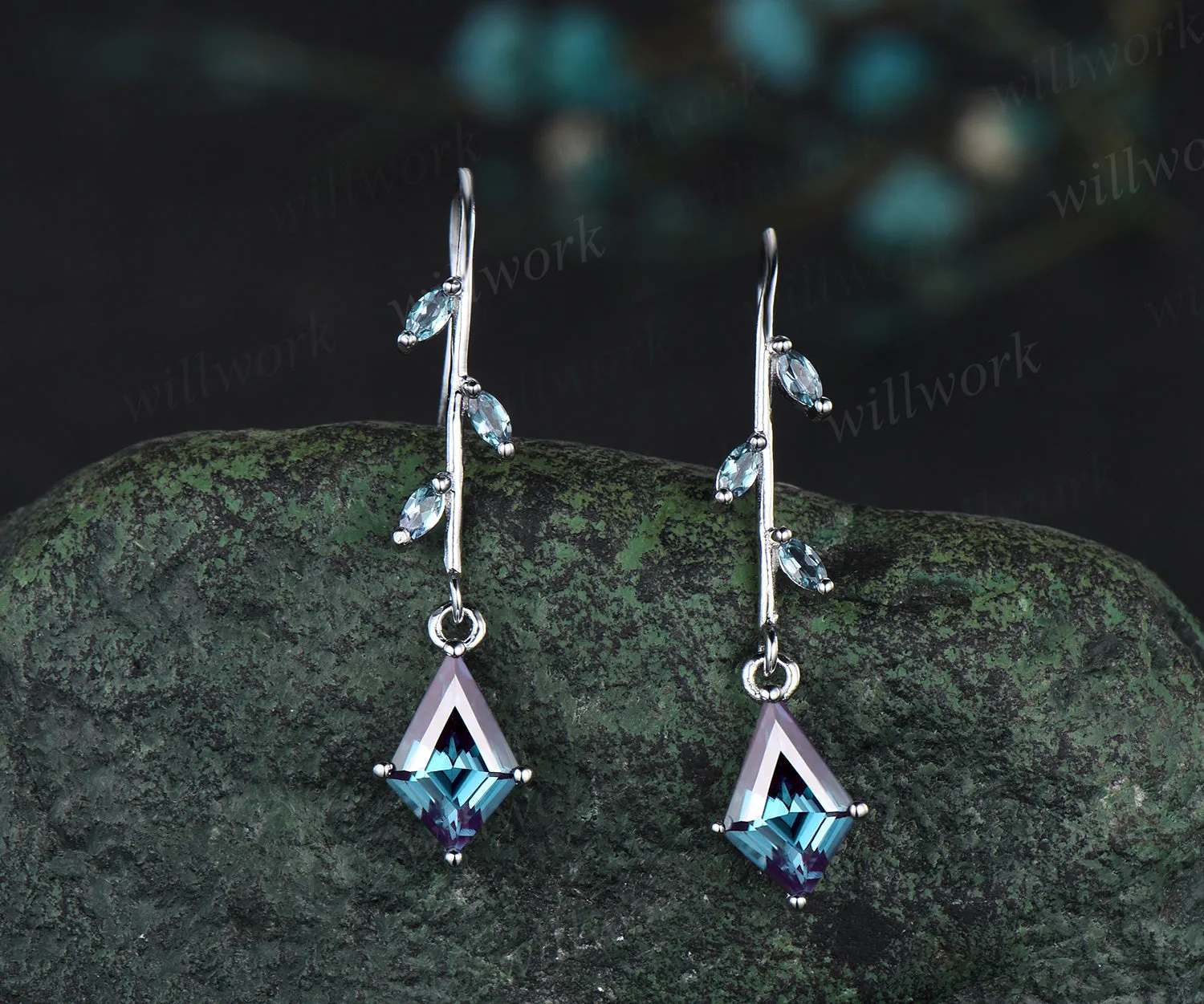 Kite Cut Alexandrite Drop Earrings whtie gold leaf marquise cut Alexandrite Dangle Earrings women sold by Willwork Jewelry