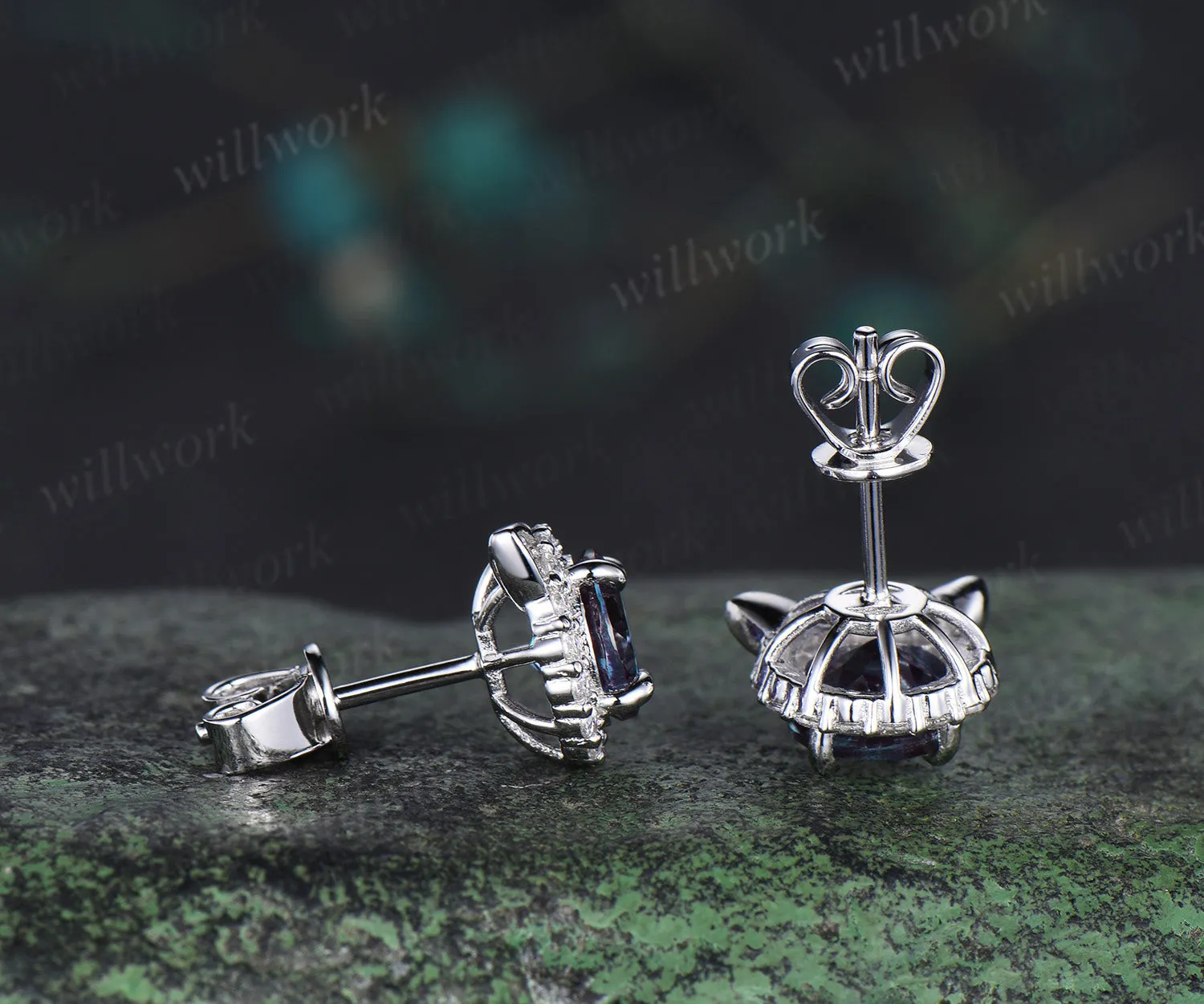 1ct Round cut Alexandrite Halo diamond Earrings white gold June Birthstone Cute Cat Stud Earrings Birthday Gifts Women sold by Willwork Jewelry product image thumbnail 5