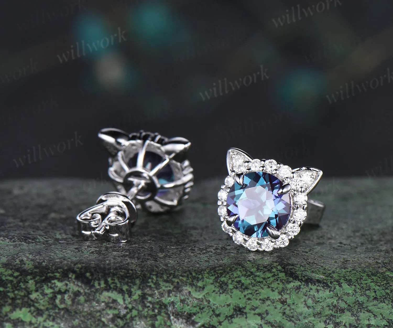 1ct Round cut Alexandrite Halo diamond Earrings white gold June Birthstone Cute Cat Stud Earrings Birthday Gifts Women sold by Willwork Jewelry product image thumbnail 4