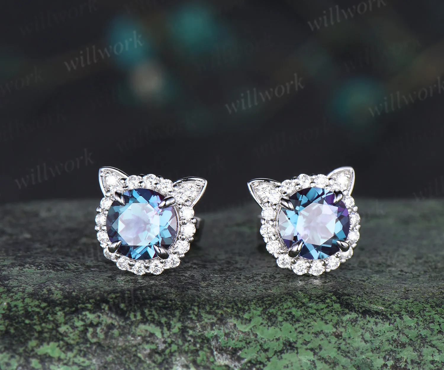 1ct Round cut Alexandrite Halo diamond Earrings white gold June Birthstone Cute Cat Stud Earrings Birthday Gifts Women sold by Willwork Jewelry product image thumbnail 2