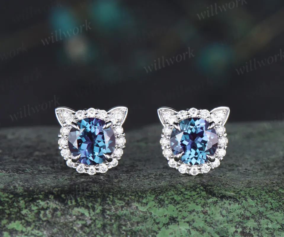 1ct Round cut Alexandrite Halo diamond Earrings white gold June Birthstone Cute Cat Stud Earrings Birthday Gifts Women sold by Willwork Jewelry