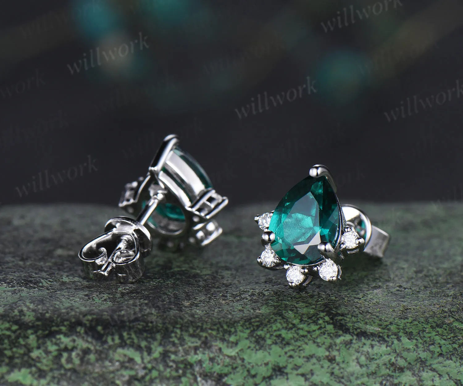 Pear green emerald Earrings 14k white gold cluster diamond Drop Earrings Drop Teardrop gemstone women sold by Willwork Jewelry product image thumbnail 5