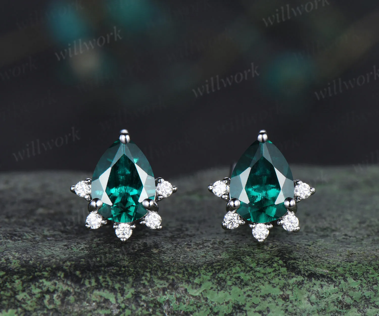Pear green emerald Earrings 14k white gold cluster diamond Drop Earrings Drop Teardrop gemstone women sold by Willwork Jewelry