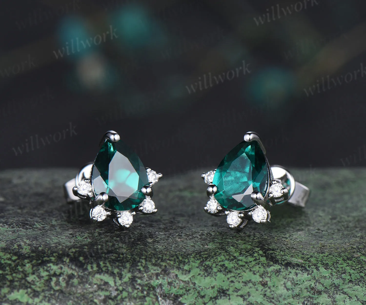 Pear green emerald Earrings 14k white gold cluster diamond Drop Earrings Drop Teardrop gemstone women sold by Willwork Jewelry product image thumbnail 4