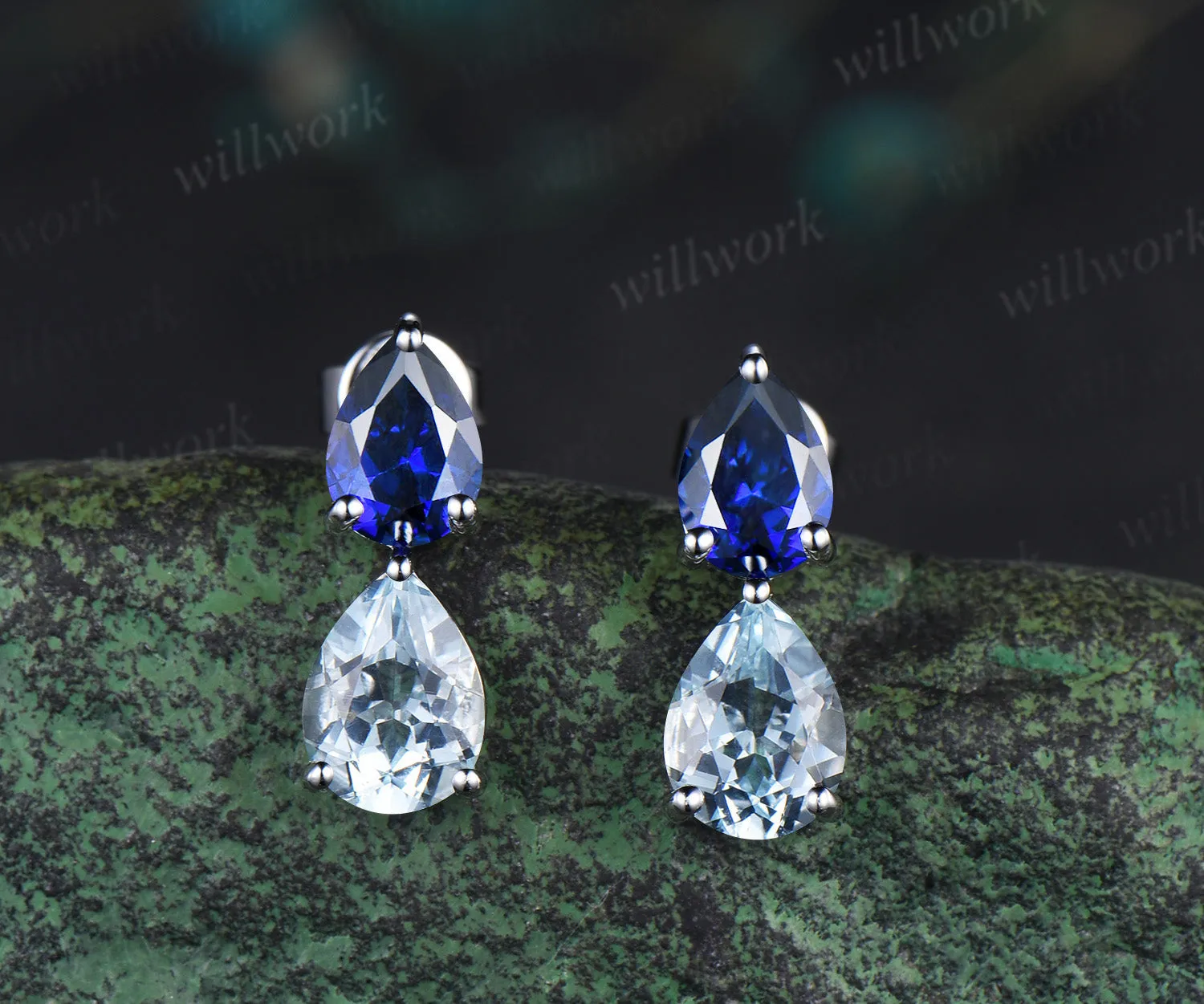 Unique Pear Cut Natural Aquamarine Dangle Earrings Dainty Teardrop Blue Sapphire Drop Earrings white gold Two Stone Earrings women sold by Willwork Jewelry product image thumbnail 2