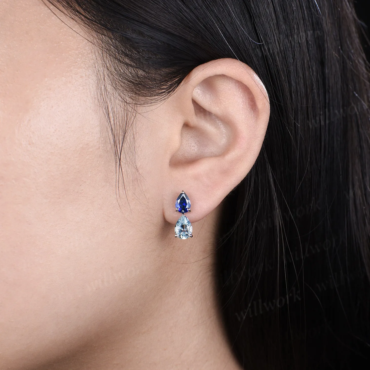 Unique Pear Cut Natural Aquamarine Dangle Earrings Dainty Teardrop Blue Sapphire Drop Earrings white gold Two Stone Earrings women sold by Willwork Jewelry product image thumbnail 3
