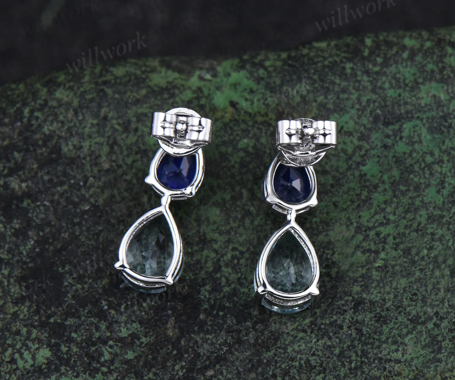 Unique Pear Cut Natural Aquamarine Dangle Earrings Dainty Teardrop Blue Sapphire Drop Earrings white gold Two Stone Earrings women sold by Willwork Jewelry product image thumbnail 4