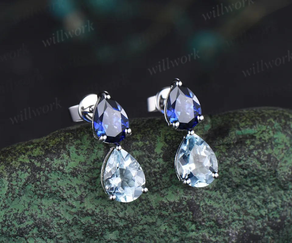 Unique Pear Cut Natural Aquamarine Dangle Earrings Dainty Teardrop Blue Sapphire Drop Earrings white gold Two Stone Earrings women sold by Willwork Jewelry