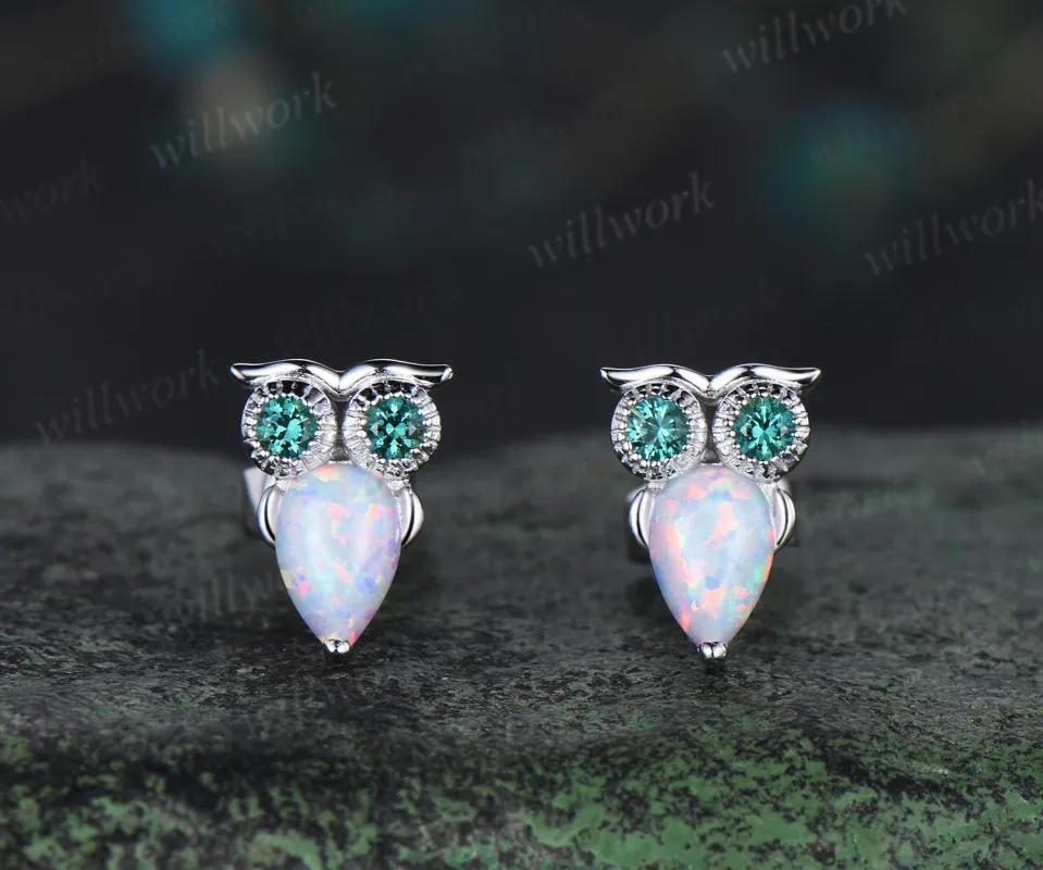 Pear White Opal Owl Earrings Emerald Owl Stud Earrings 14K Solid white Gold Animal Earrings Owl Lover Gift made by Willwork Jewelry