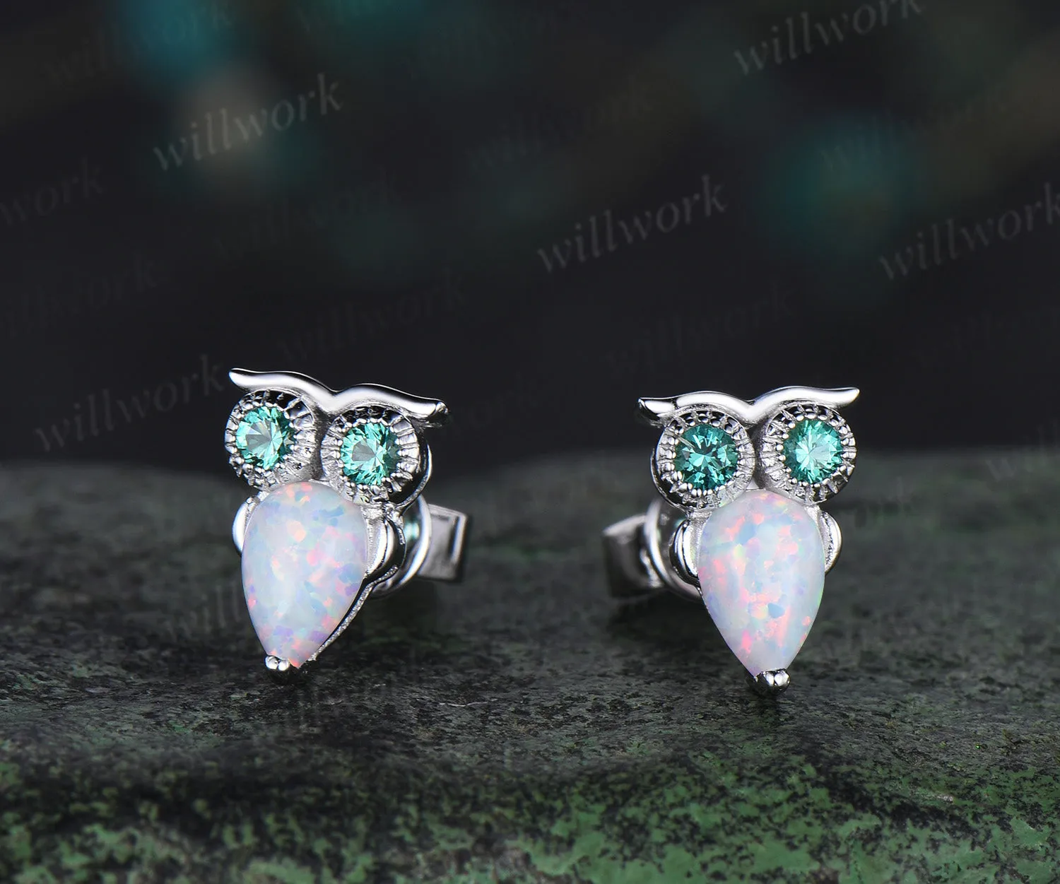 Pear White Opal Owl Earrings Emerald Owl Stud Earrings 14K Solid white Gold Animal Earrings Owl Lover Gift sold by Willwork Jewelry product image thumbnail 2