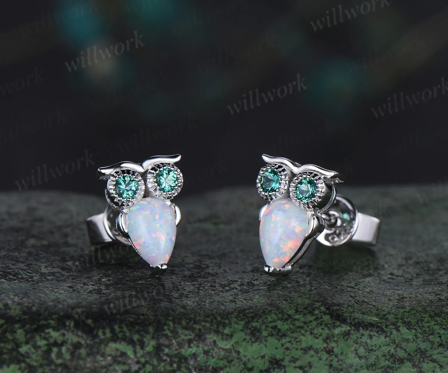 Pear White Opal Owl Earrings Emerald Owl Stud Earrings 14K Solid white Gold Animal Earrings Owl Lover Gift sold by Willwork Jewelry product image thumbnail 4