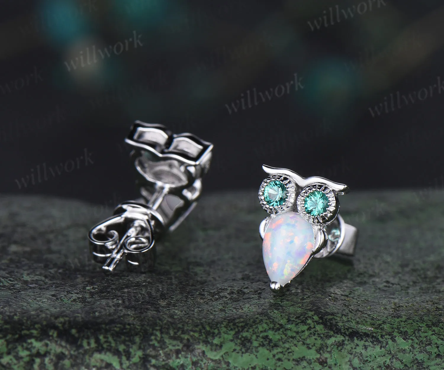 Pear White Opal Owl Earrings Emerald Owl Stud Earrings 14K Solid white Gold Animal Earrings Owl Lover Gift sold by Willwork Jewelry product image thumbnail 5