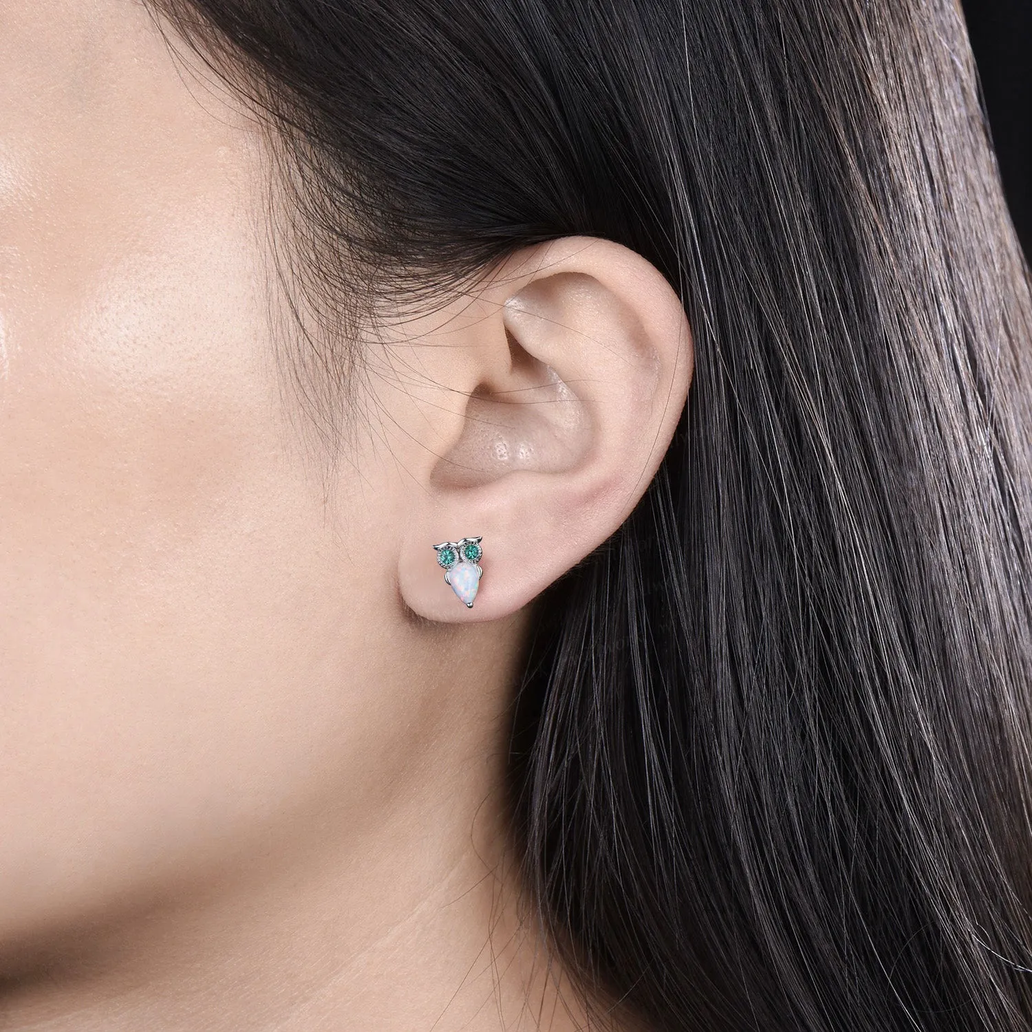 Pear White Opal Owl Earrings Emerald Owl Stud Earrings 14K Solid white Gold Animal Earrings Owl Lover Gift sold by Willwork Jewelry product image thumbnail 3