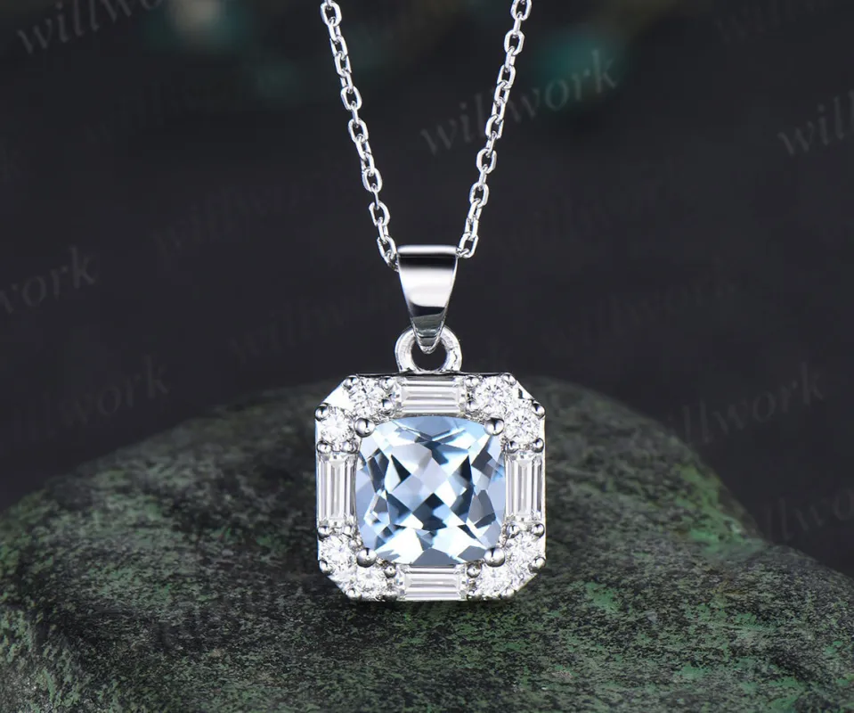 2ct Cushion Cut Natural Aquamarine Moissanite Pendant Necklace Women Solid 14K/18K white Gold Blue Gemstone Pendant Birthday Gift sold by Willwork Jewelry