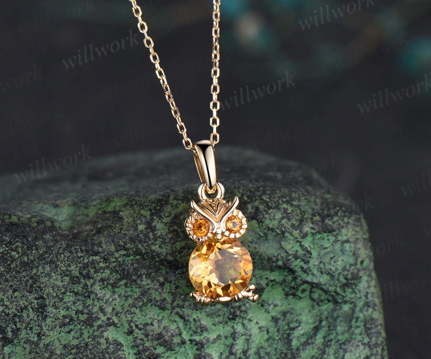 Unique Cute Owl Natural Citrine Wedding Necklace 14k Yellow Gold Mother's Pendant Animal Inspired Anniversary Gift for Daughter sold by Willwork Jewelry product image thumbnail 3