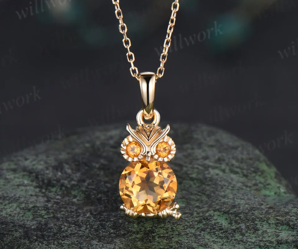 Unique Cute Owl Natural Citrine Wedding Necklace 14k Yellow Gold Mother's Pendant Animal Inspired Anniversary Gift for Daughter sold by Willwork Jewelry