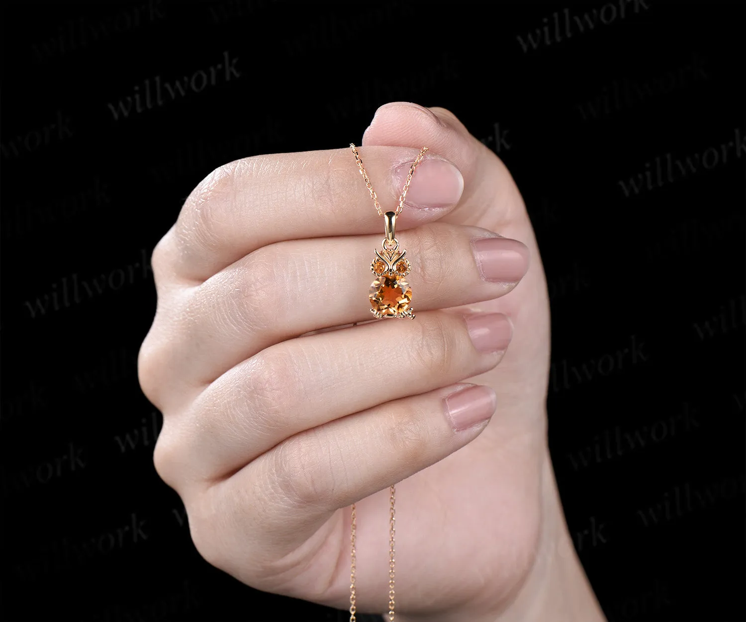 Unique Cute Owl Natural Citrine Wedding Necklace 14k Yellow Gold Mother's Pendant Animal Inspired Anniversary Gift for Daughter sold by Willwork Jewelry product image thumbnail 5