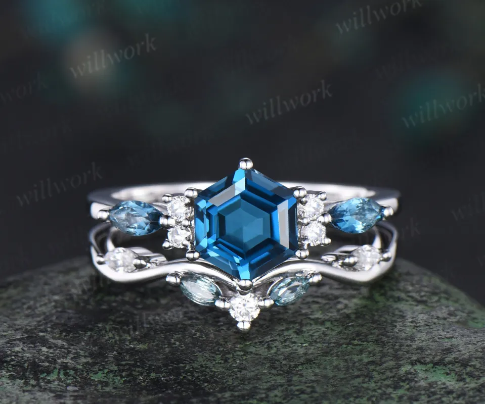 Hexagon cut London blue topaz engagement ring set stacking moissanite alexandrite bridal set women 14k white gold made by Willwork Jewelry