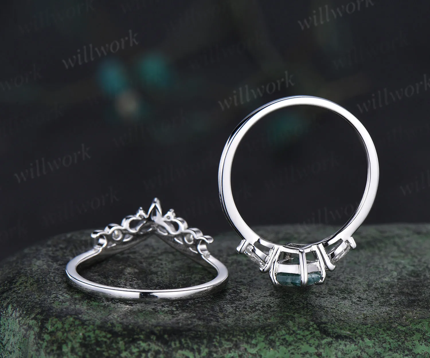 kite cut green moss agate engagement ring set rose gold three stone marquise cut diamond ring unique wedding ring set for women sold by Willwork Jewelry product image thumbnail 4