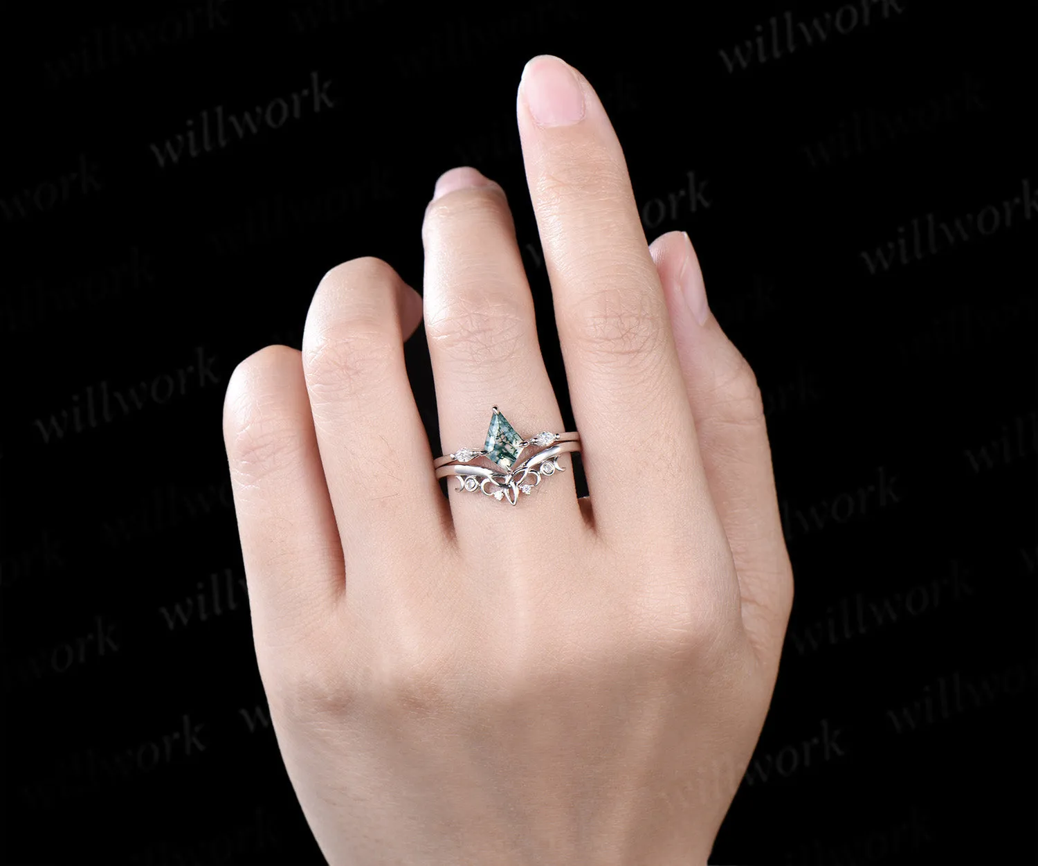 kite cut green moss agate engagement ring set rose gold three stone marquise cut diamond ring unique wedding ring set for women sold by Willwork Jewelry product image thumbnail 3