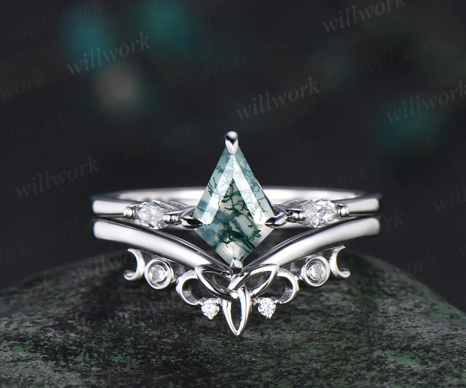 kite cut green moss agate engagement ring set rose gold three stone marquise cut diamond ring unique wedding ring set for women sold by Willwork Jewelry product image thumbnail 2