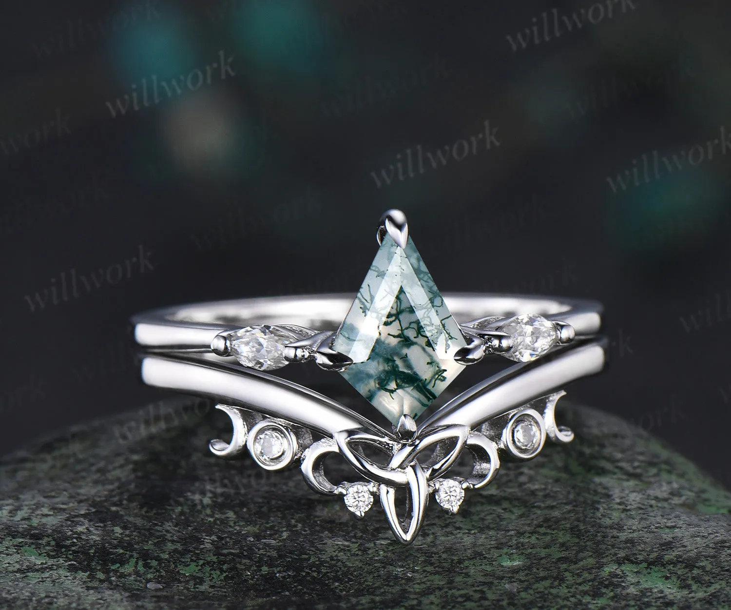 kite cut green moss agate engagement ring set rose gold three stone marquise cut diamond ring unique wedding ring set for women sold by Willwork Jewelry