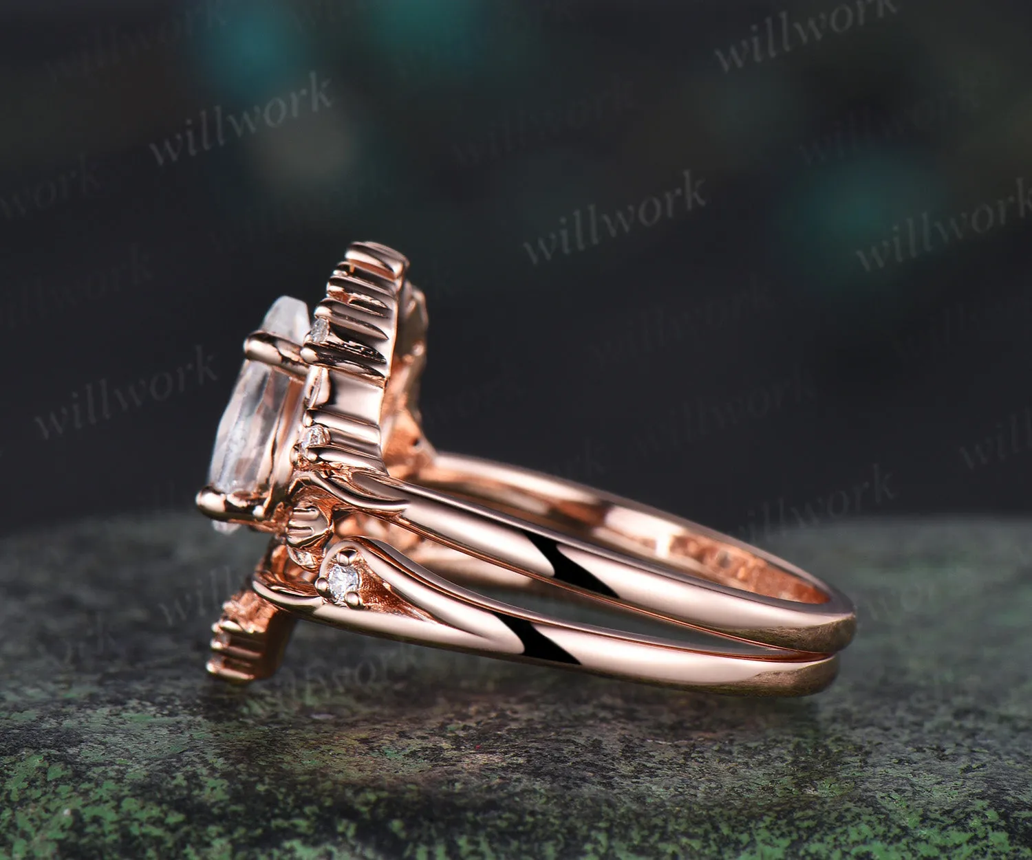 Pear IGI Lab grown diamond engagement ring set 14k 18k rose gold vintage leaf nature inspired bridal set women sold by Willwork Jewelry product image thumbnail 5