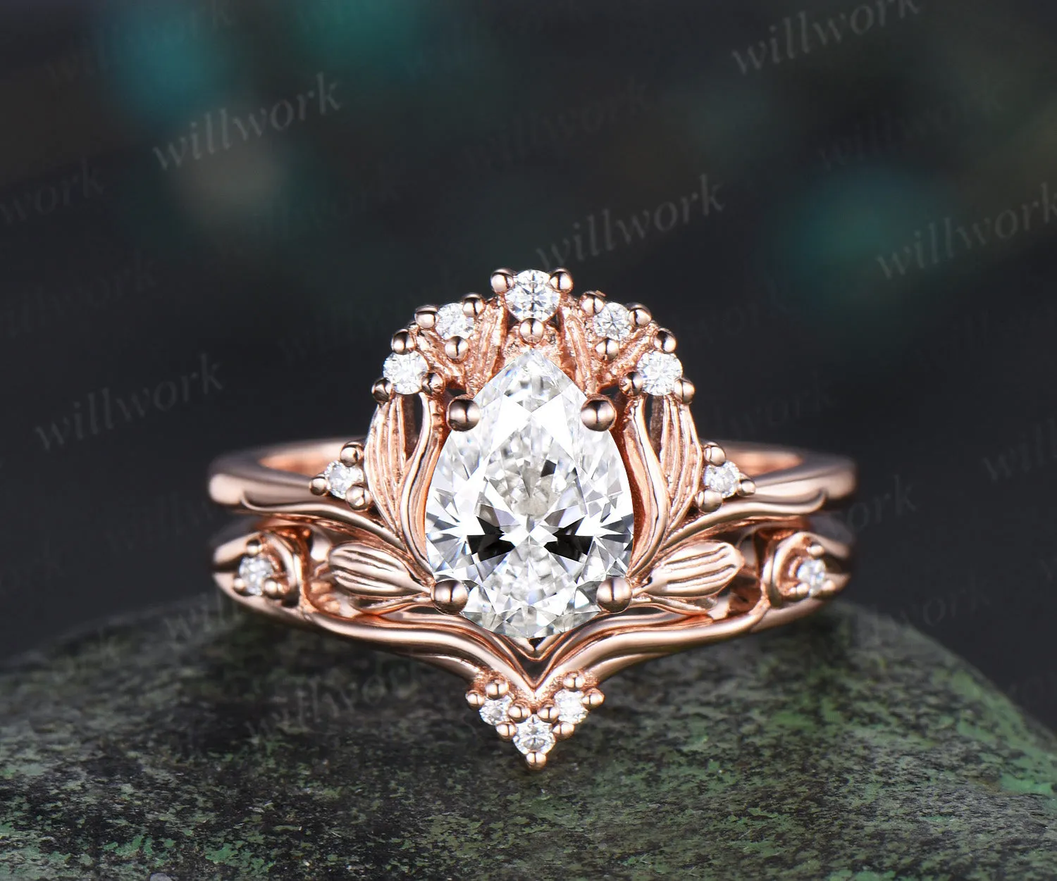 Pear IGI Lab grown diamond engagement ring set 14k 18k rose gold vintage leaf nature inspired bridal set women sold by Willwork Jewelry