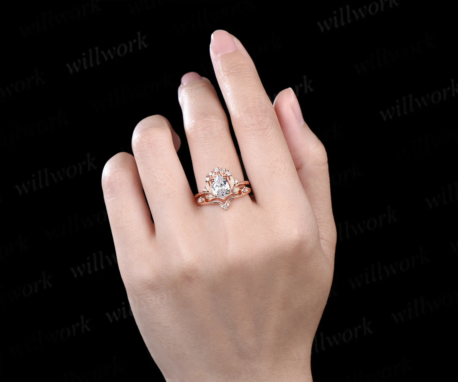 Pear IGI Lab grown diamond engagement ring set 14k 18k rose gold vintage leaf nature inspired bridal set women sold by Willwork Jewelry product image thumbnail 2
