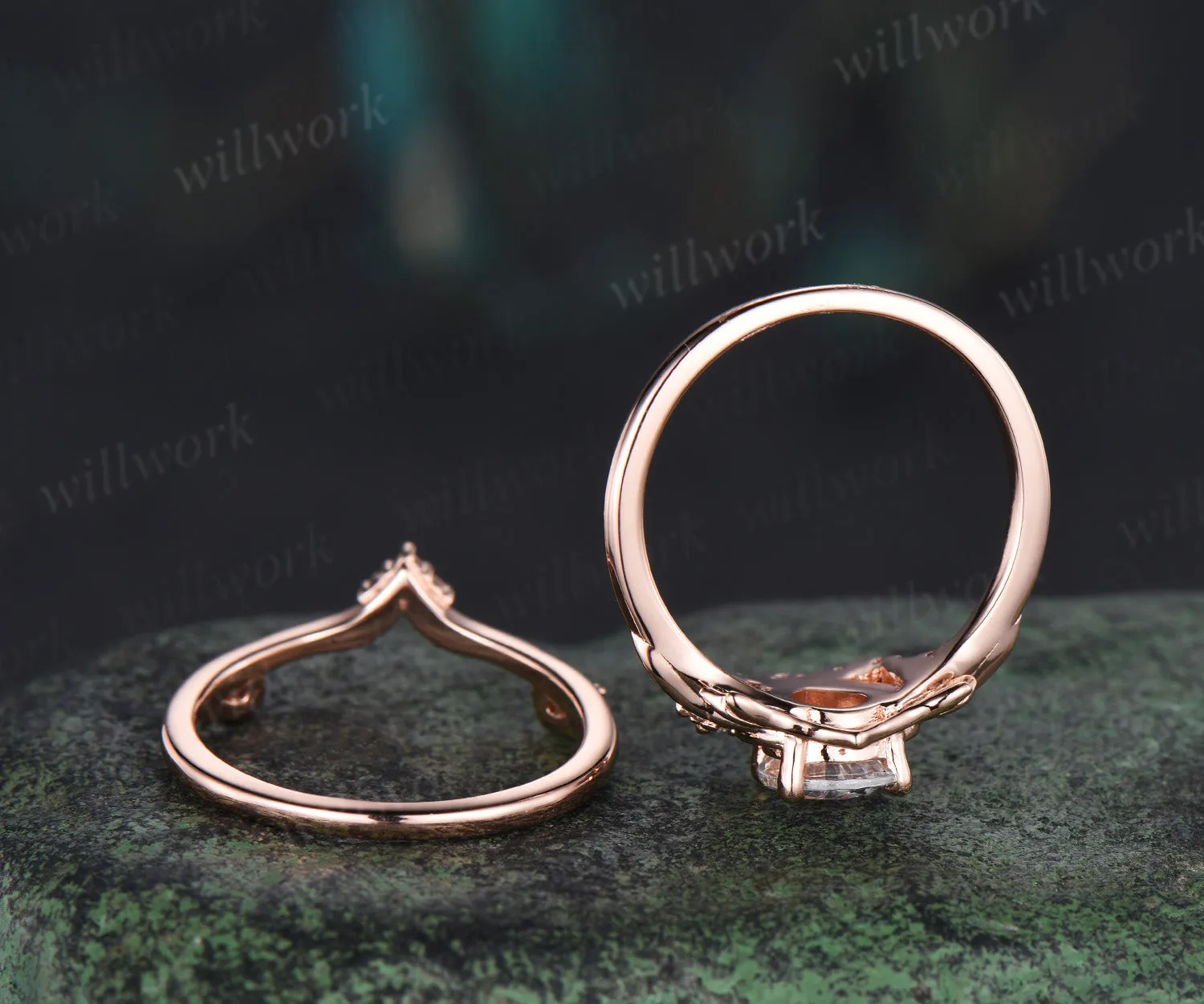 Pear IGI Lab grown diamond engagement ring set 14k 18k rose gold vintage leaf nature inspired bridal set women sold by Willwork Jewelry product image thumbnail 4