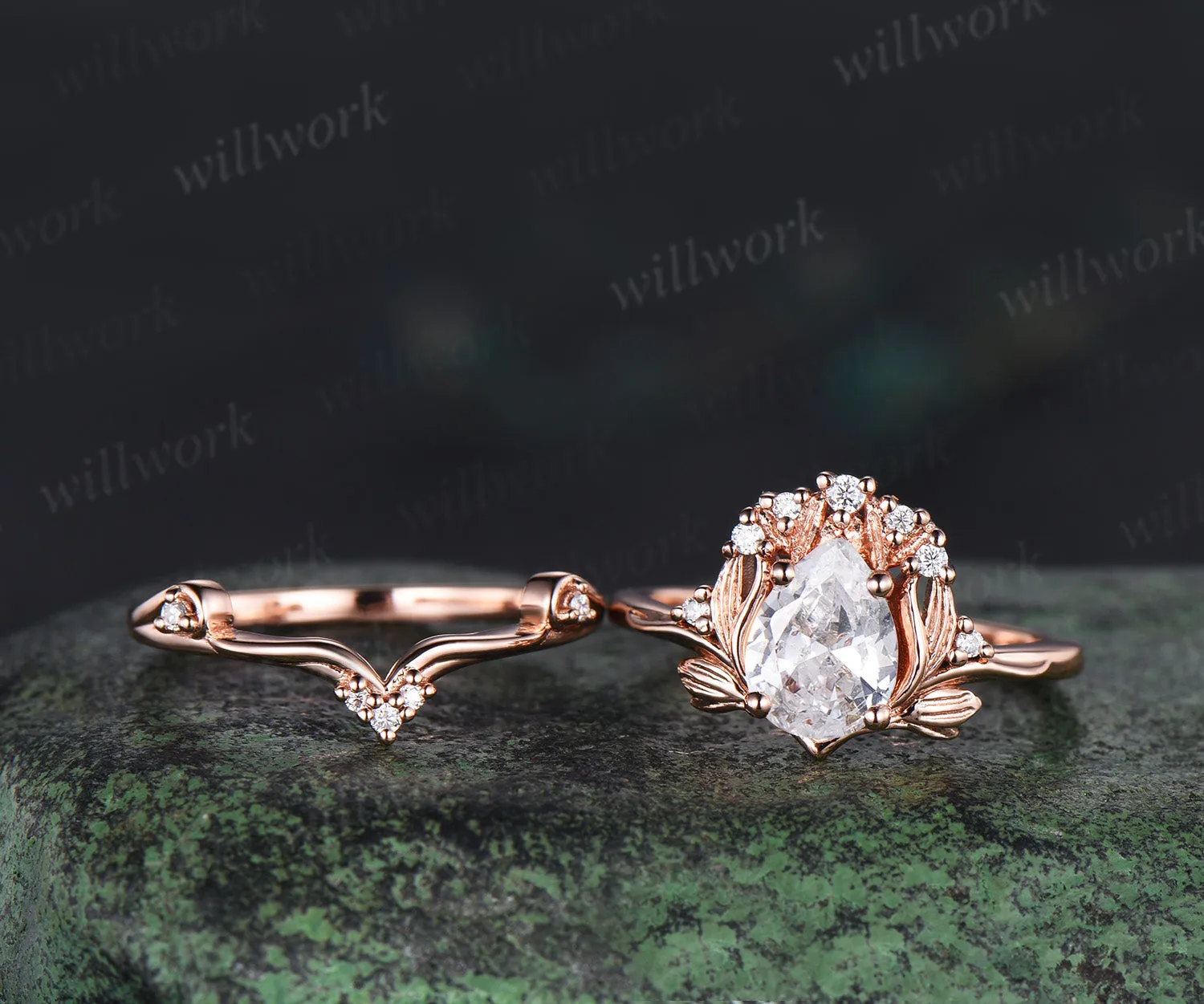 Leaf kite cut moissanite ring vintage 14k rose gold nature inspired engagement ring women diamond unique promise bridal ring set sold by Willwork Jewelry product image thumbnail 2