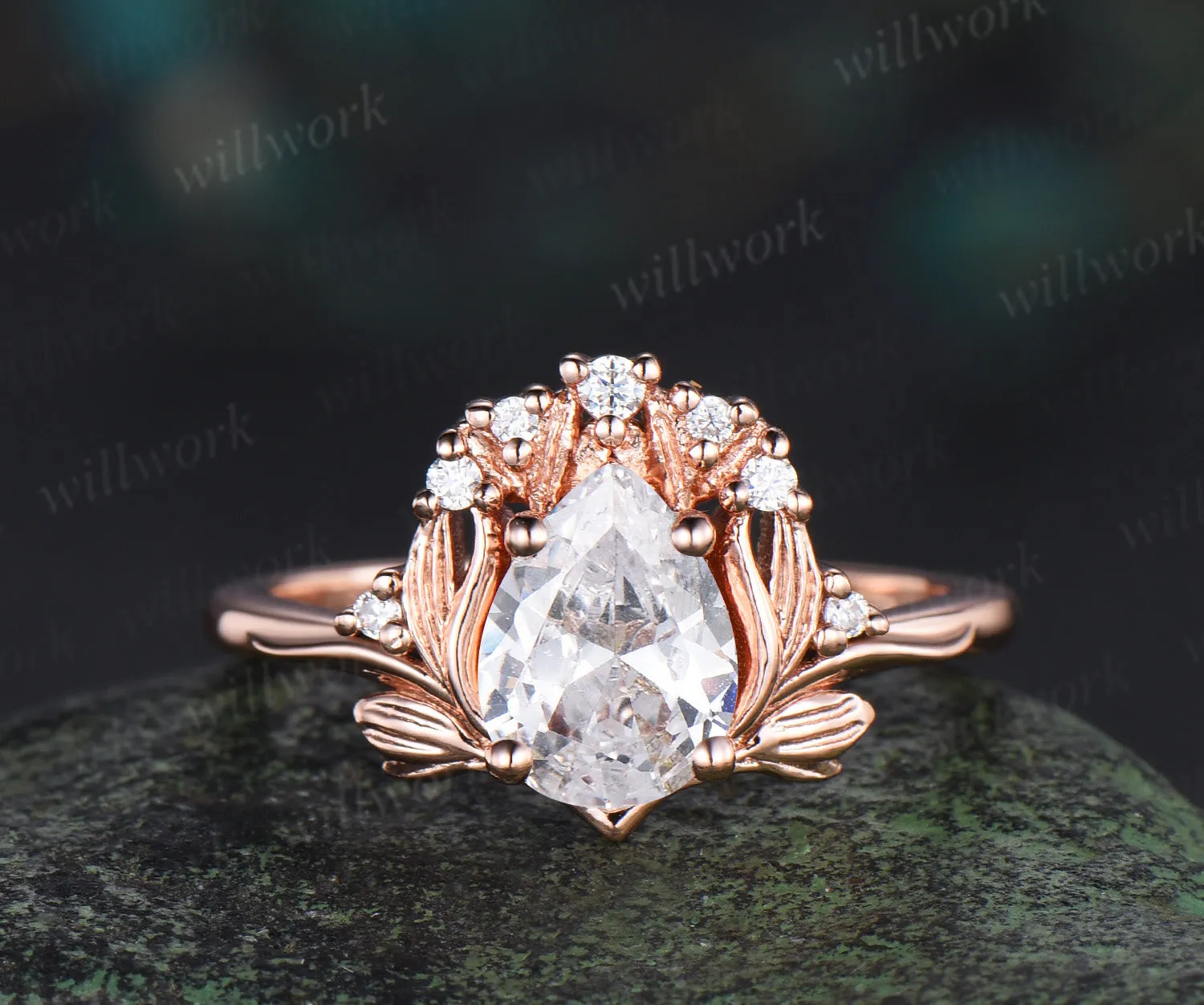Leaf kite cut moissanite ring vintage 14k rose gold nature inspired engagement ring women diamond unique promise bridal ring set sold by Willwork Jewelry product image thumbnail 5
