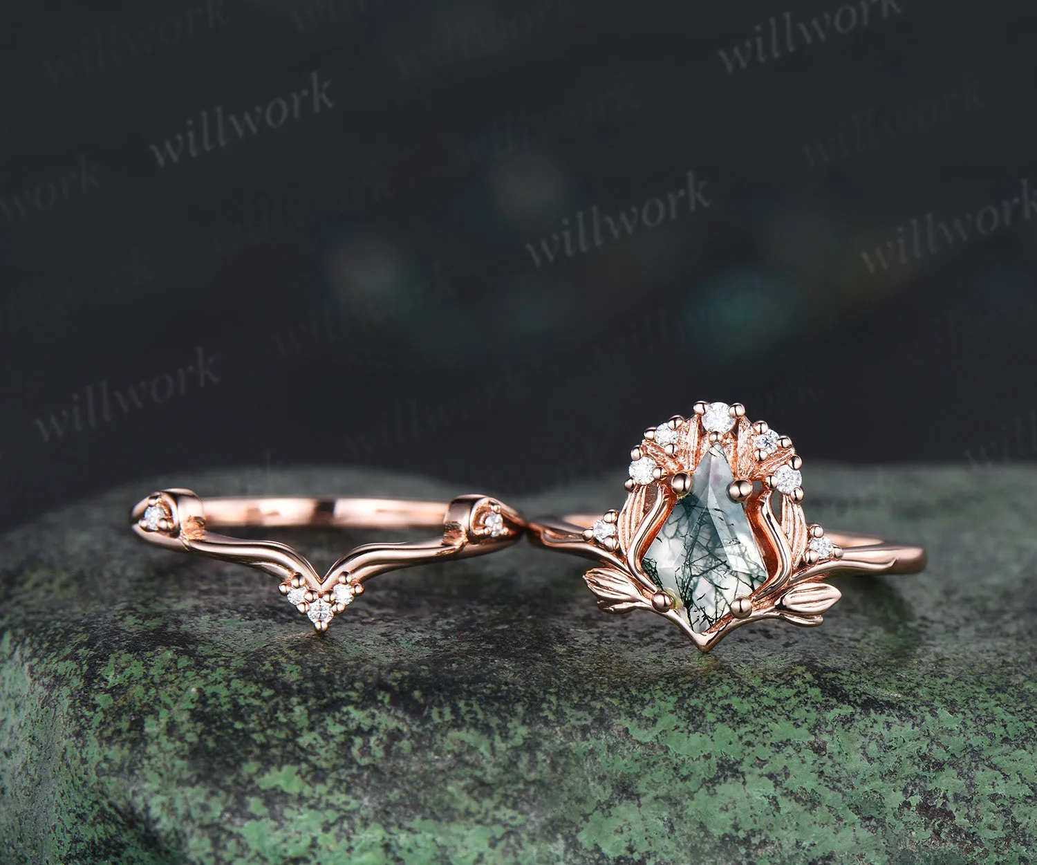 Leaf kite cut moss agate ring vintage 14k rose gold nature inspired engagement ring women diamond unique promise bridal ring set jewelry sold by Willwork Jewelry product image thumbnail 2