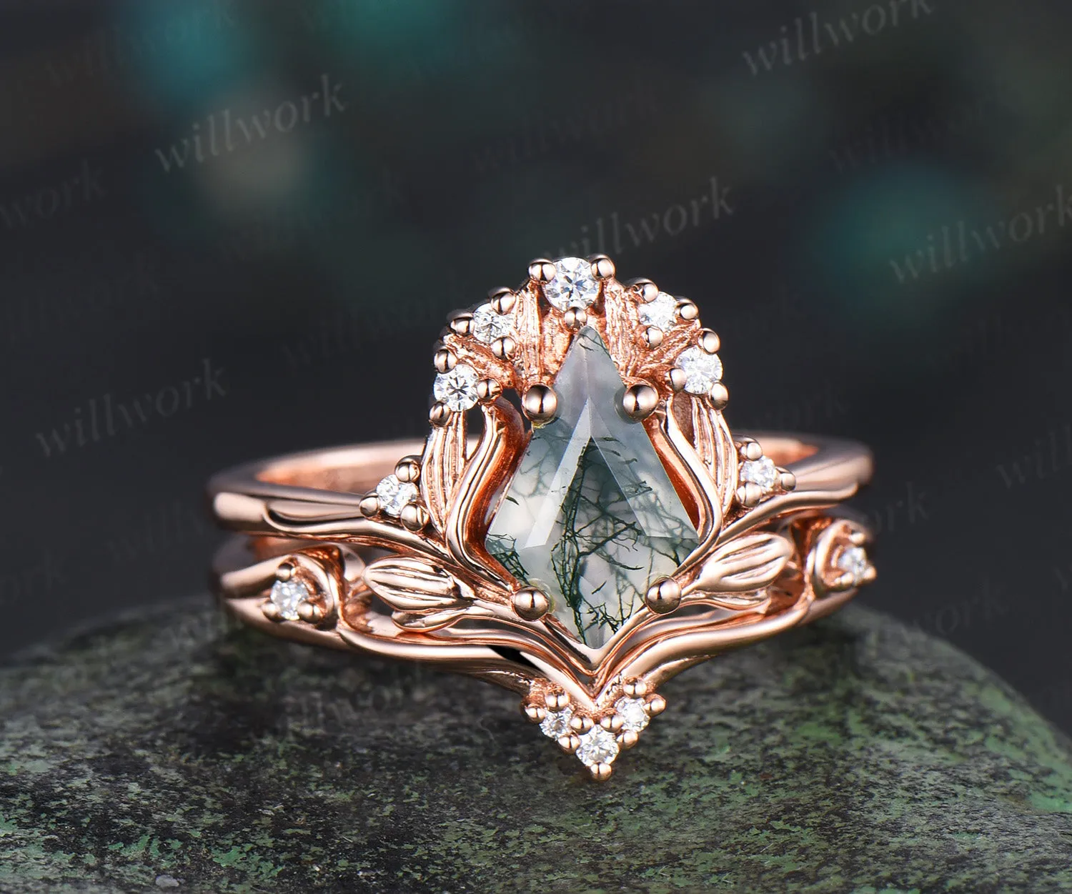 Leaf kite cut moss agate ring vintage 14k rose gold nature inspired engagement ring women diamond unique promise bridal ring set jewelry sold by Willwork Jewelry product image thumbnail 3