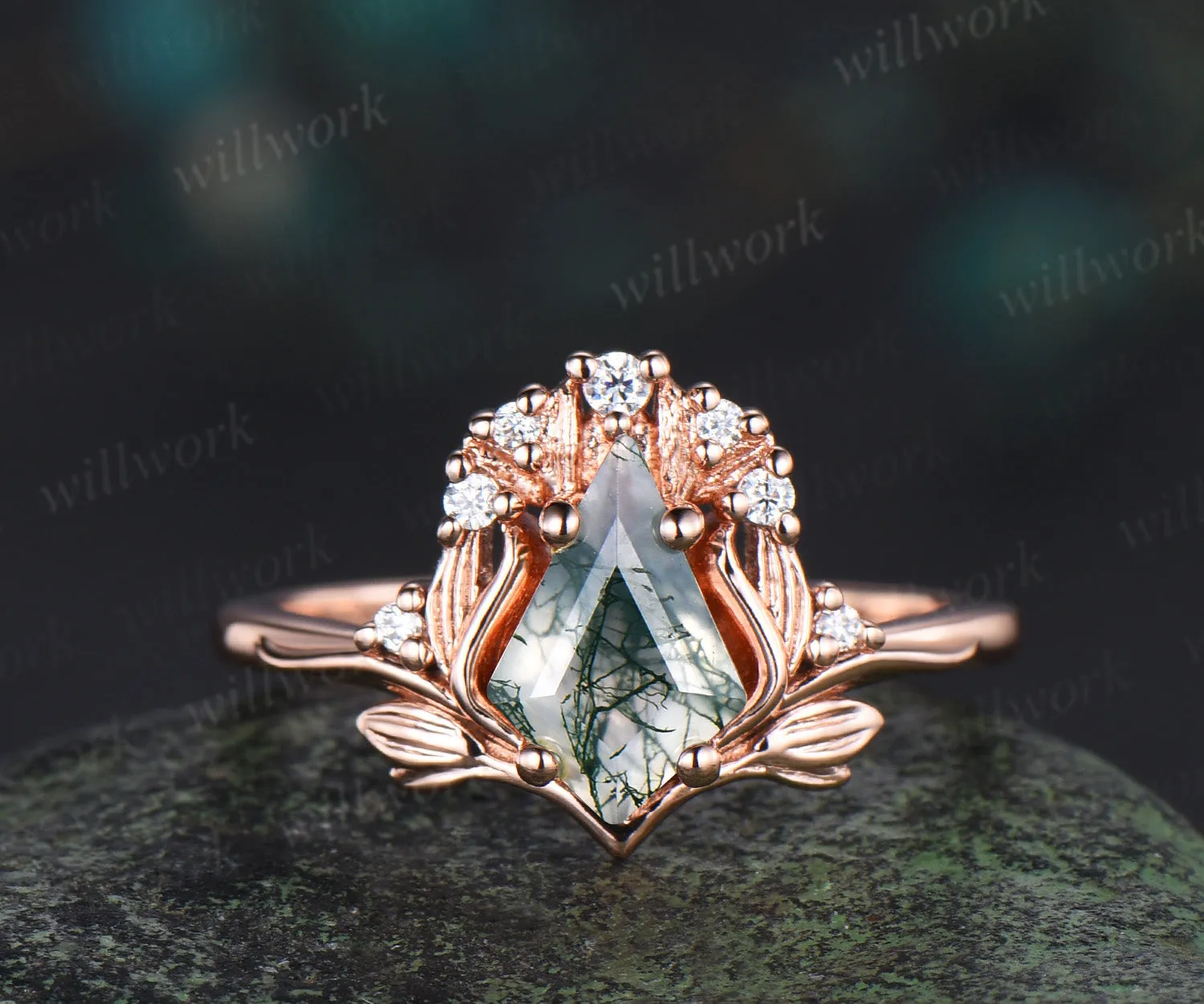 Leaf kite cut moss agate ring vintage 14k rose gold nature inspired engagement ring women diamond unique promise bridal ring set jewelry sold by Willwork Jewelry product image thumbnail 4