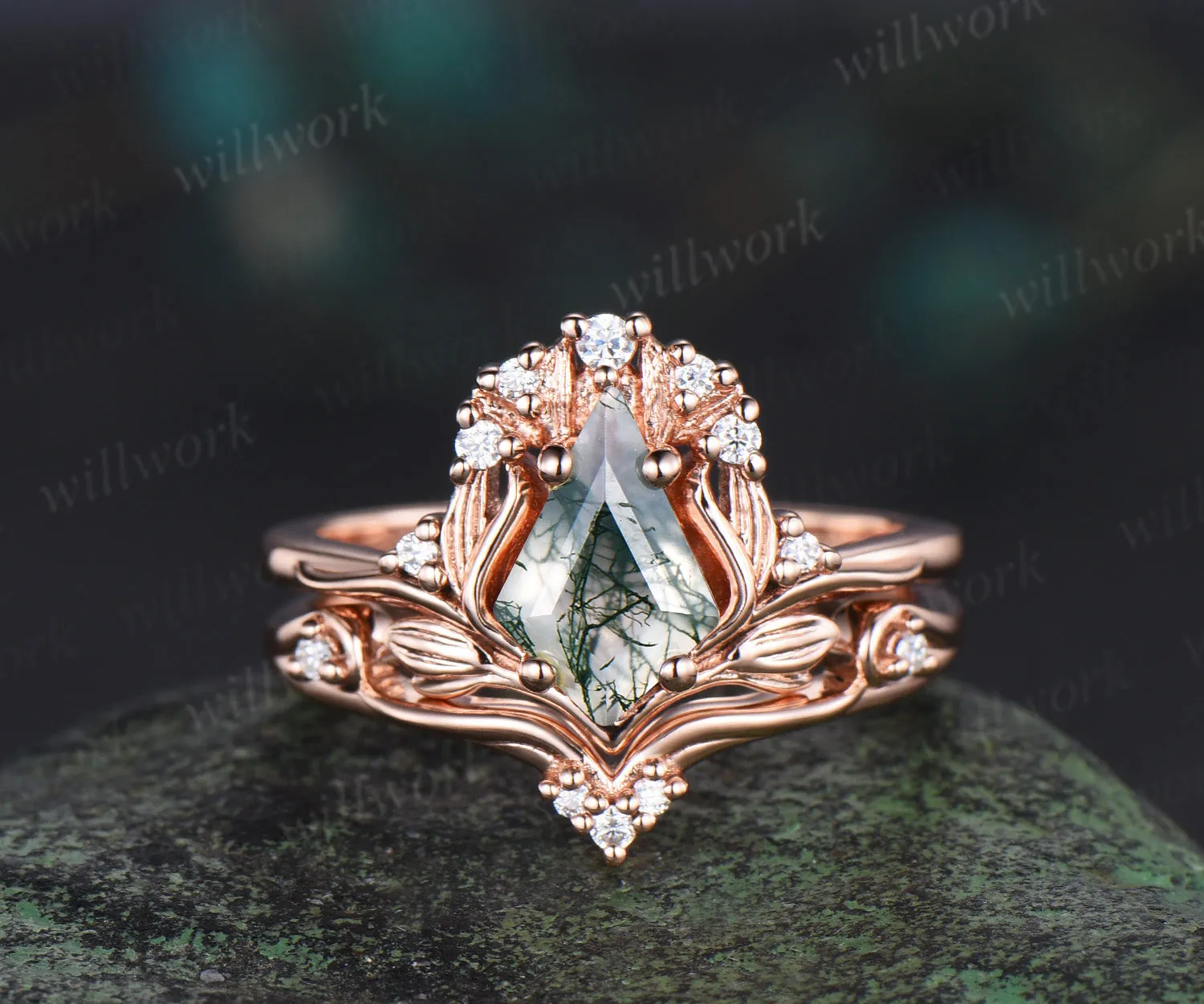 Leaf kite cut moss agate ring vintage 14k rose gold nature inspired engagement ring women diamond unique promise bridal ring set jewelry sold by Willwork Jewelry