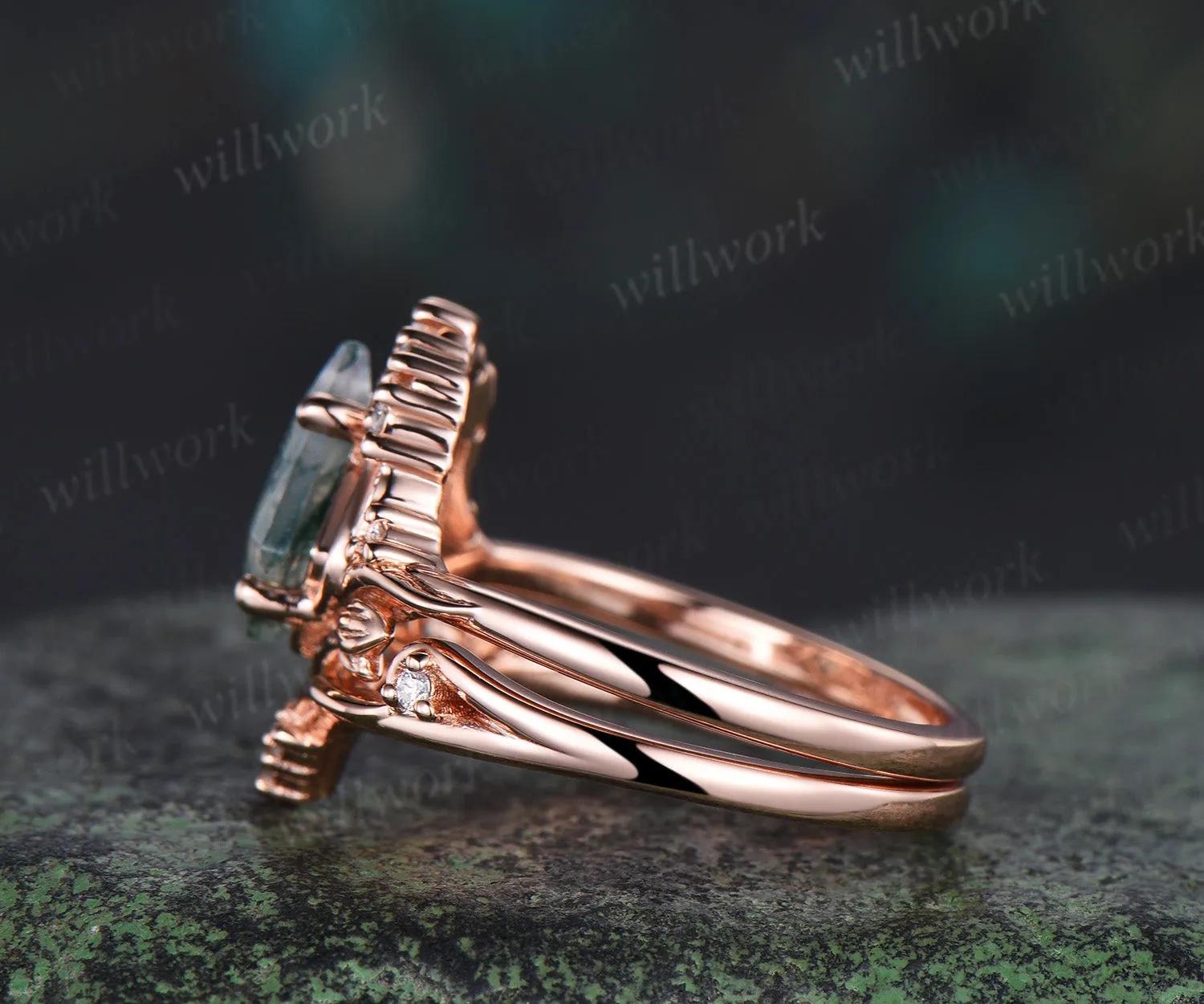 Leaf kite cut moss agate ring vintage 14k rose gold nature inspired engagement ring women diamond unique promise bridal ring set jewelry sold by Willwork Jewelry product image thumbnail 5