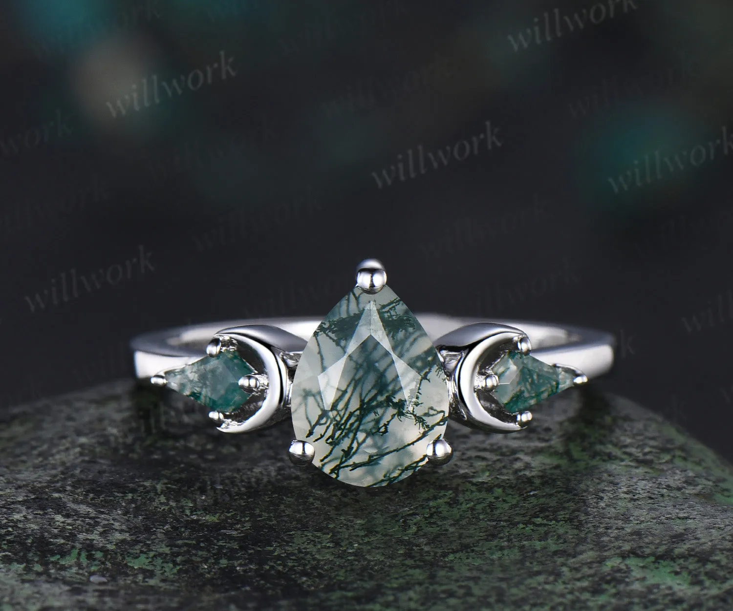 Three stone kite pear green moss agate engagement ring solid 14k white gold vintage black spinel moon bridal promise ring women sold by Willwork Jewelry product image thumbnail 2