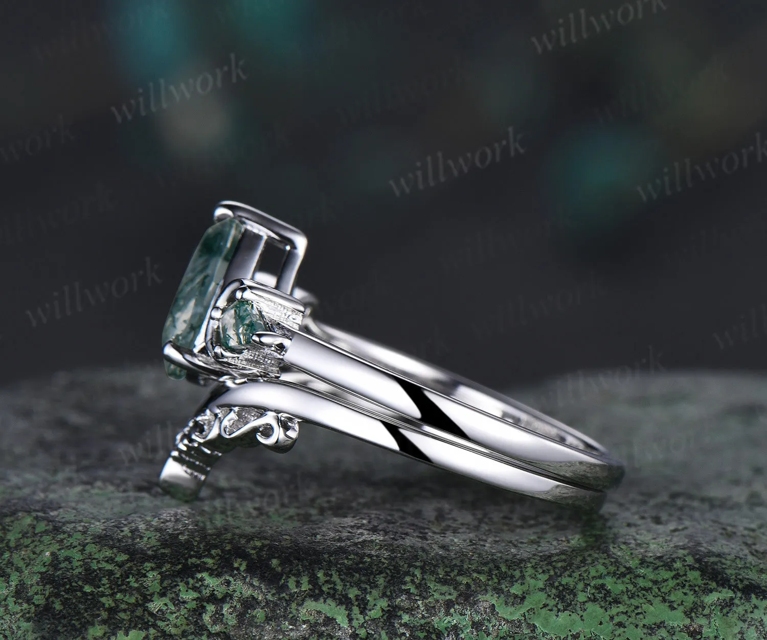 Three stone kite pear green moss agate engagement ring solid 14k white gold vintage black spinel moon bridal promise ring women sold by Willwork Jewelry product image thumbnail 4