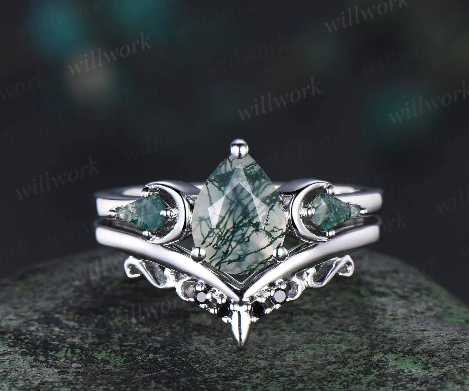 Three stone kite pear green moss agate engagement ring solid 14k white gold vintage black spinel moon bridal promise ring women sold by Willwork Jewelry