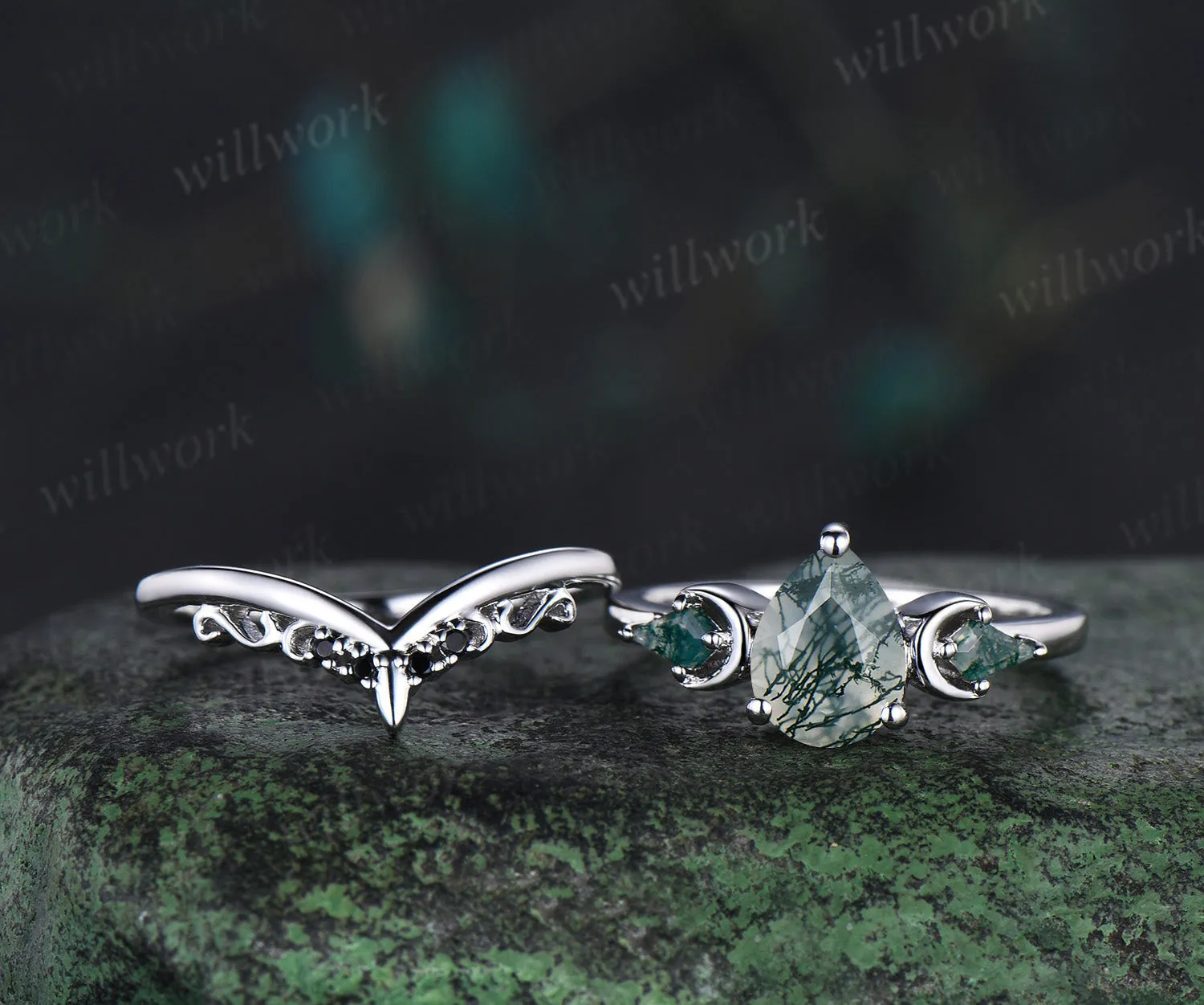 Three stone kite pear green moss agate engagement ring solid 14k white gold vintage black spinel moon bridal promise ring women sold by Willwork Jewelry product image thumbnail 5
