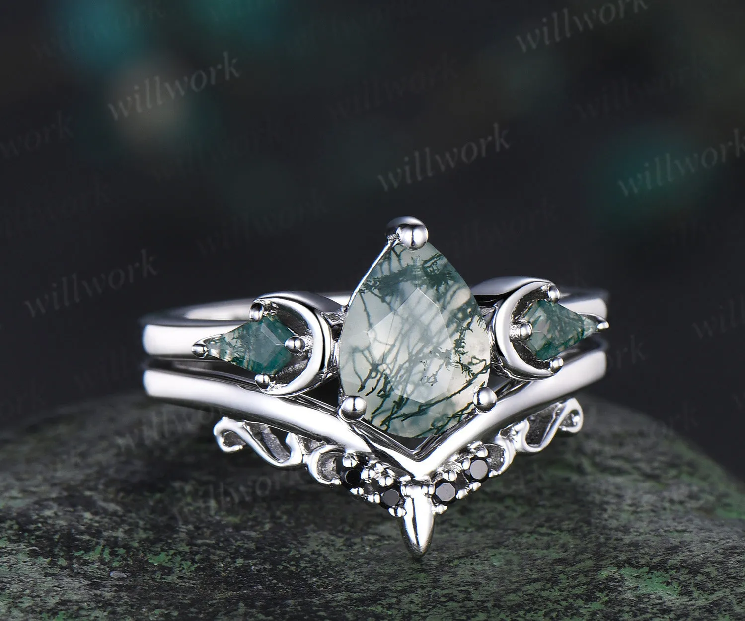 Three stone kite pear green moss agate engagement ring solid 14k white gold vintage black spinel moon bridal promise ring women sold by Willwork Jewelry product image thumbnail 3